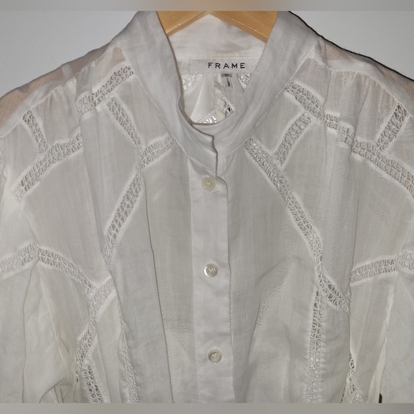 FRAME Lace Puff-Slv Ramie Shirt Dress Anthropologie Shopbop Revolve Saks Sz XS - Picture 12 of 16